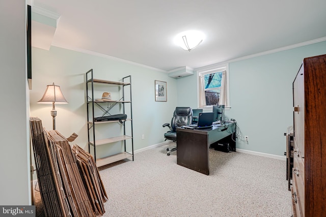 office area featuring baseboards, ornamental molding, carpet flooring, and a wall unit AC