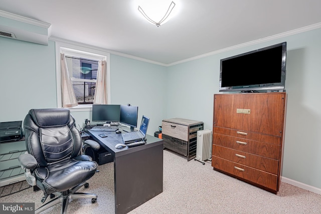 home office featuring visible vents, ornamental molding, carpet floors, radiator, and baseboards