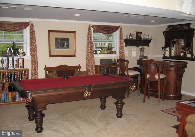 game room featuring a bar, pool table, crown molding, and carpet