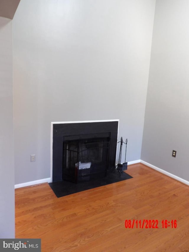 room details with wood finished floors, a fireplace with flush hearth, and baseboards