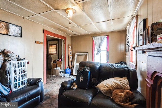 living room featuring wood walls