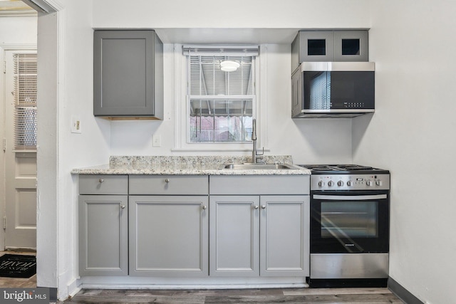 kitchen with gray cabinetry, a sink, wood finished floors, stainless steel appliances, and baseboards