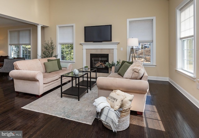 living room featuring dark wood finished floors, baseboards, and a wealth of natural light