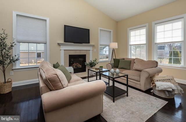 living area featuring lofted ceiling, plenty of natural light, a fireplace, and dark wood-style flooring