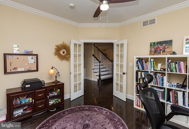 office area with visible vents, ornamental molding, french doors, wood finished floors, and a ceiling fan