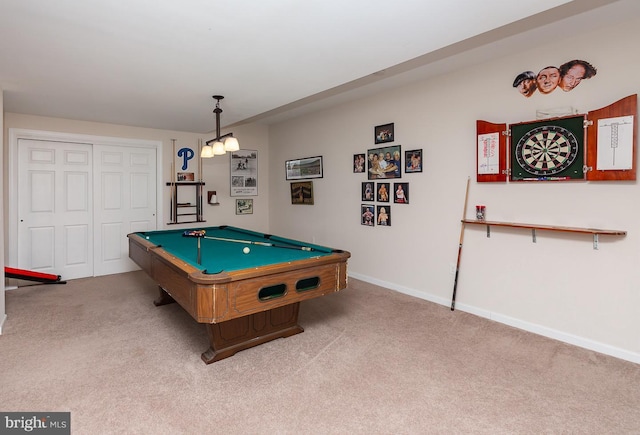 playroom featuring pool table, carpet flooring, and baseboards