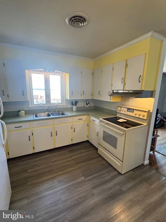 kitchen with white appliances, ornamental molding, visible vents, and a sink