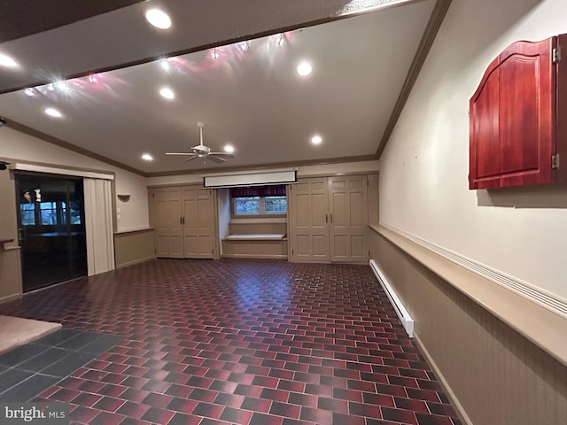 unfurnished living room with ceiling fan, recessed lighting, vaulted ceiling, baseboard heating, and crown molding