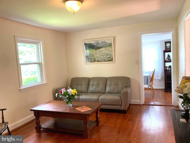 living area with baseboards and wood finished floors