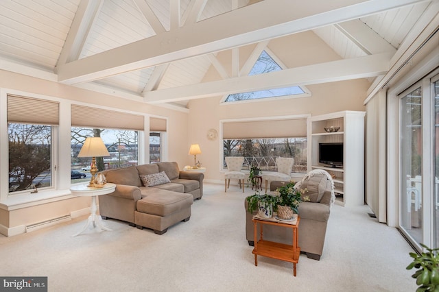 sunroom featuring a baseboard heating unit and lofted ceiling with beams