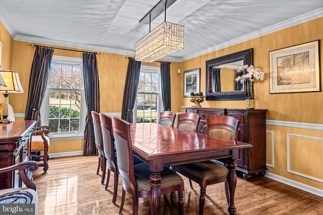 dining room with wood finished floors, a healthy amount of sunlight, and ornamental molding