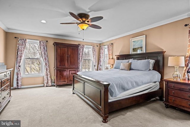 bedroom with multiple windows, light carpet, and ornamental molding