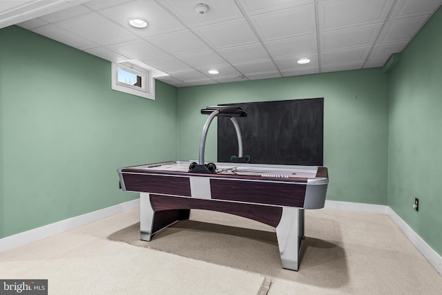 recreation room with recessed lighting, baseboards, and carpet