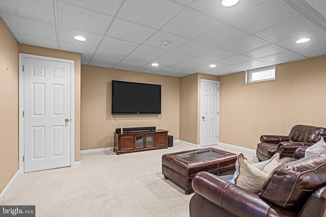 living room featuring recessed lighting, a paneled ceiling, baseboards, and carpet floors