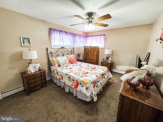 carpeted bedroom with a baseboard heating unit and a ceiling fan