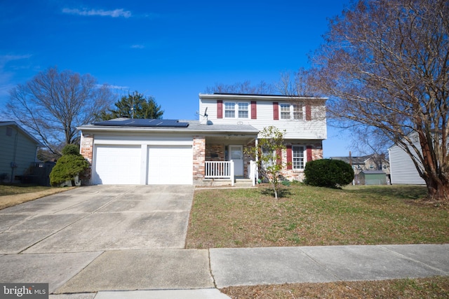 view of front facade with an attached garage, covered porch, brick siding, concrete driveway, and a front yard