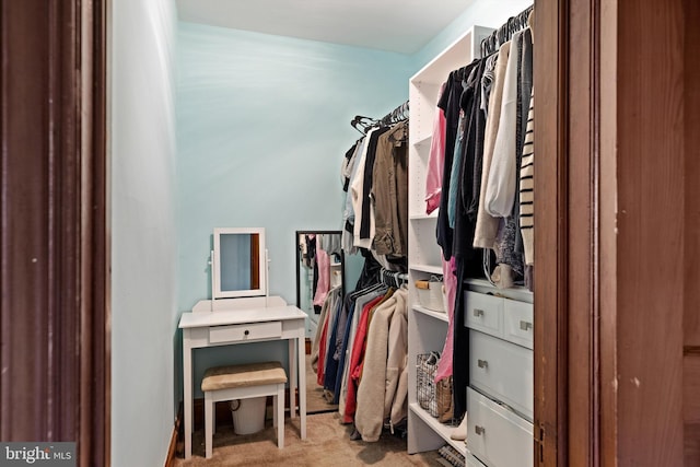 walk in closet featuring light carpet