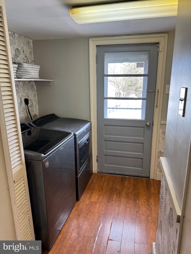 clothes washing area featuring dark wood finished floors, laundry area, and washer and clothes dryer