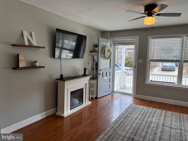 interior space with wood finished floors, baseboards, a ceiling fan, radiator heating unit, and a glass covered fireplace