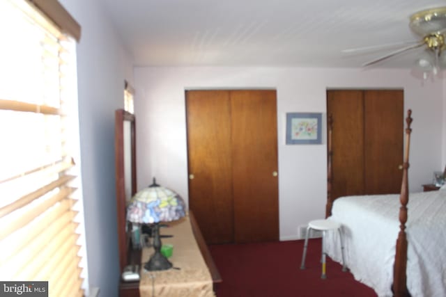 bedroom featuring a ceiling fan and multiple closets