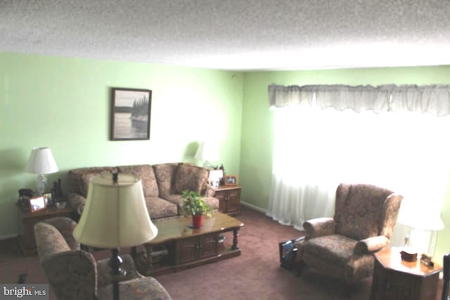 living room with baseboards, a textured ceiling, and carpet