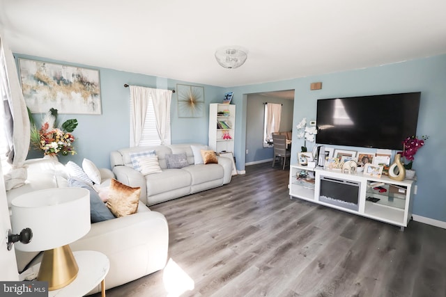 living area with baseboards and wood finished floors