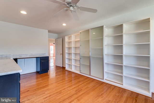 unfurnished living room featuring recessed lighting, light wood finished floors, and ceiling fan