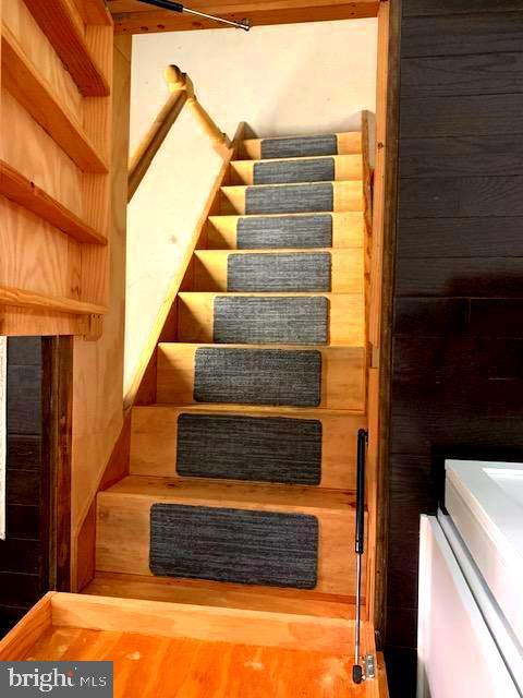 staircase with wooden walls