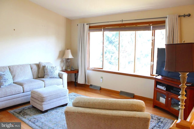 living area featuring visible vents, wood finished floors, and baseboards