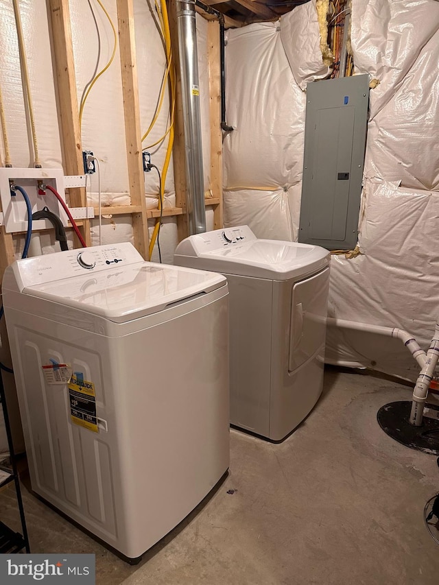 washroom with electric panel, laundry area, and washer and dryer