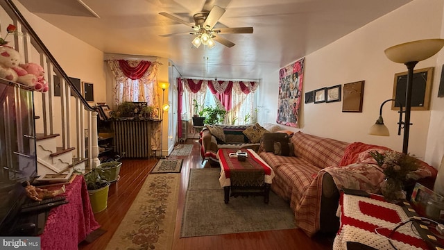 living room featuring stairs, a ceiling fan, radiator, and wood finished floors