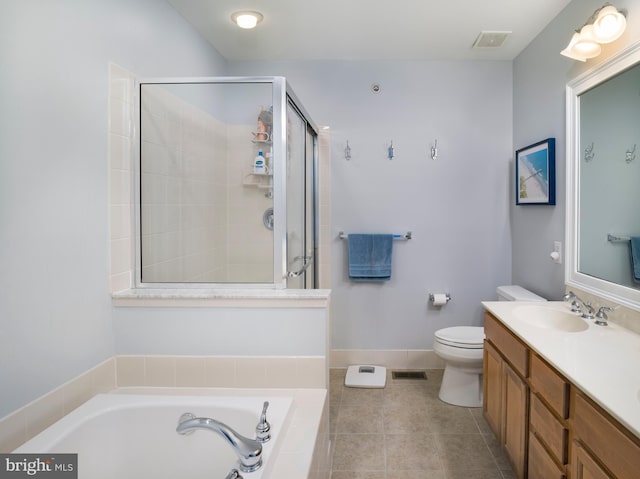 full bath with a stall shower, a bath, visible vents, and a sink