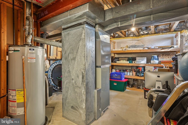 unfinished basement featuring gas water heater