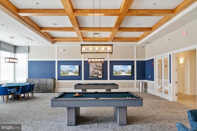 game room featuring carpet floors, a high ceiling, coffered ceiling, billiards, and beamed ceiling