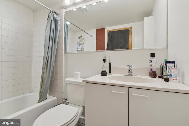 full bath with toilet, shower / tub combo, visible vents, and vanity