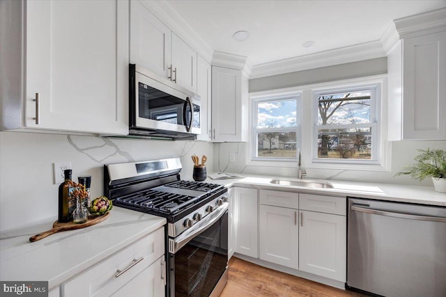 kitchen featuring a sink, stainless steel appliances, crown molding, and white cabinetry