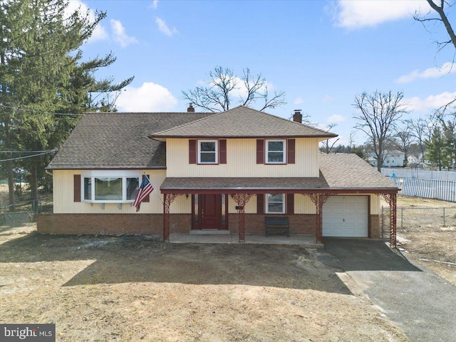 split level home with fence, driveway, roof with shingles, a garage, and brick siding