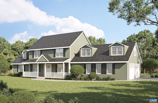 view of front of home featuring a garage, covered porch, a front lawn, and roof with shingles