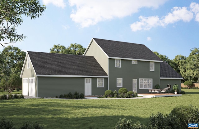 view of front of property with a shingled roof, a deck, and a front lawn