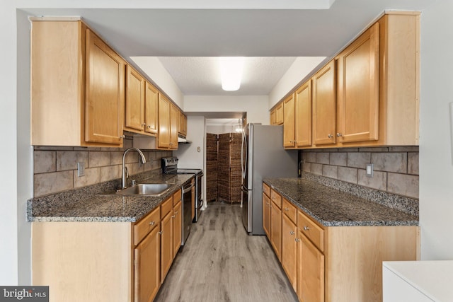 kitchen featuring a sink, tasteful backsplash, appliances with stainless steel finishes, and light wood finished floors