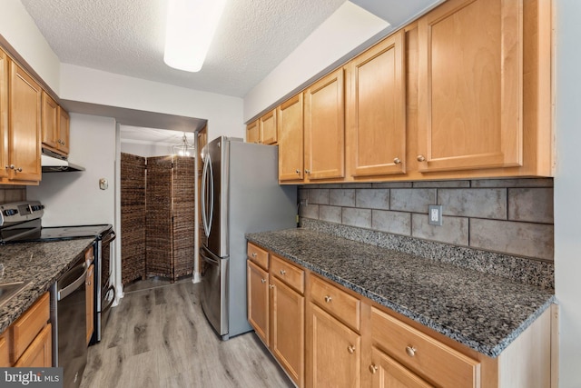 kitchen featuring dark stone countertops, light wood-style flooring, stainless steel appliances, under cabinet range hood, and tasteful backsplash