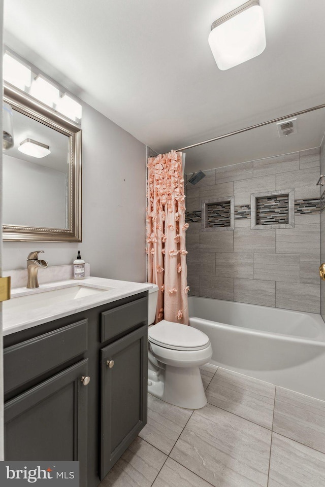 full bathroom with vanity, toilet, shower / bathtub combination with curtain, and visible vents