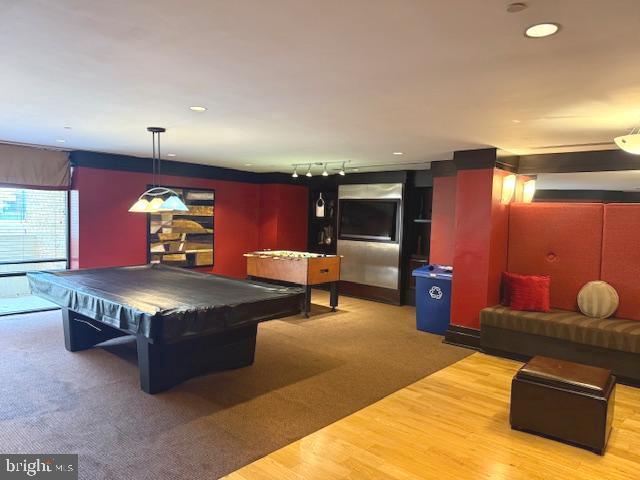 recreation room featuring recessed lighting, rail lighting, billiards, and wood finished floors