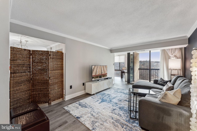 living room featuring ornamental molding, a textured ceiling, baseboards, and wood finished floors