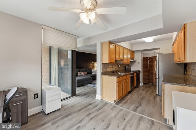 kitchen featuring baseboards, light wood-style flooring, a sink, appliances with stainless steel finishes, and tasteful backsplash