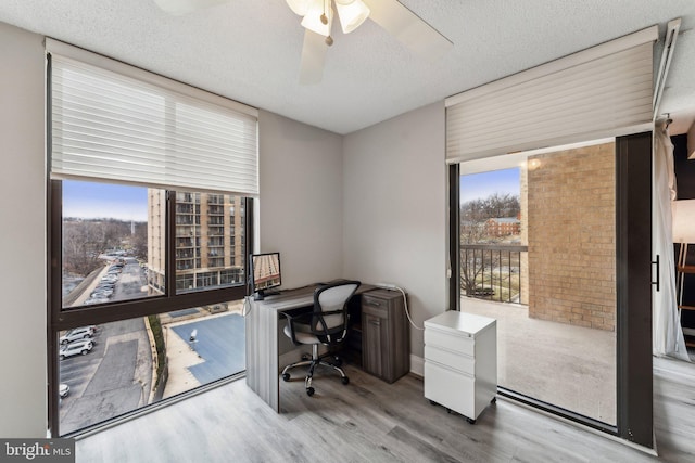 office space featuring floor to ceiling windows, plenty of natural light, wood finished floors, and a textured ceiling