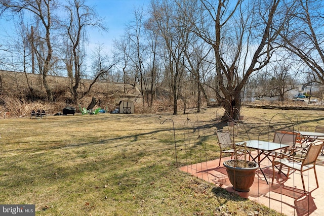 view of yard featuring a patio area, outdoor dining space, and an outbuilding