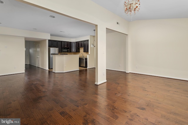 unfurnished living room with a sink, baseboards, and dark wood-style floors