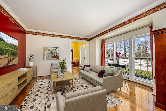 living area with hardwood / wood-style floors and crown molding