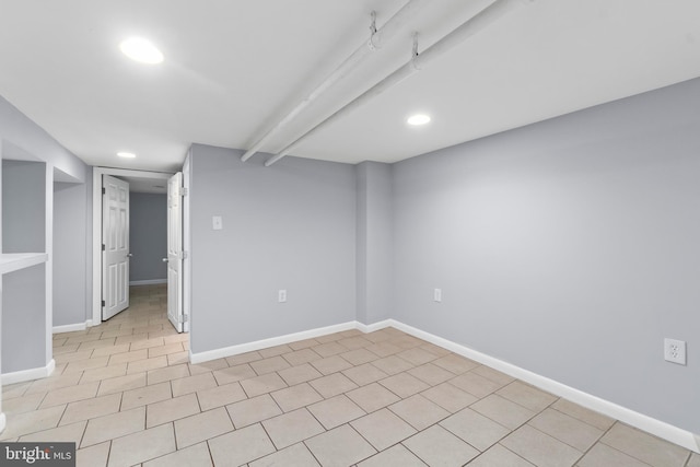 spare room with light tile patterned flooring, beam ceiling, recessed lighting, and baseboards